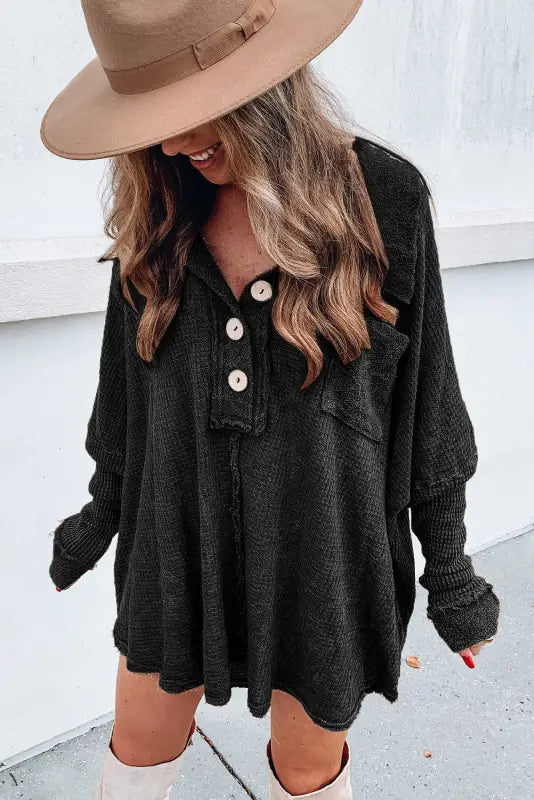 Waffle knit long sleeve top - tops