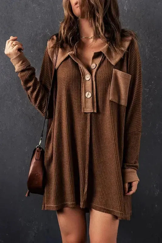 Close-up of waffle knit texture and buttoned neckline detail Fashionfitz UK