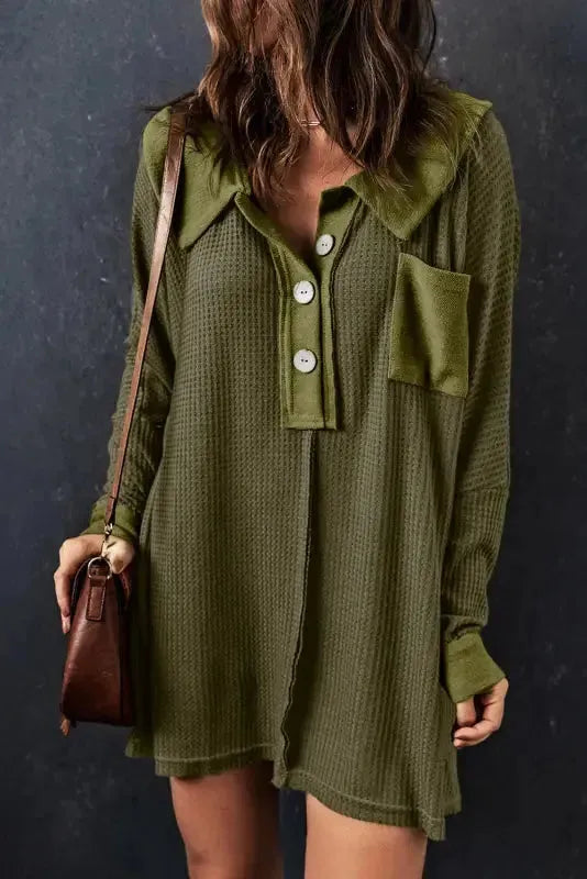 Waffle Knit Long Sleeve Top - Fashionfitz