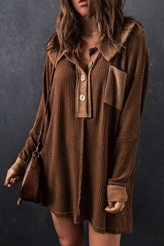 Waffle knit long sleeve top - brown / s / 95% polyester + 5% elastane - tops