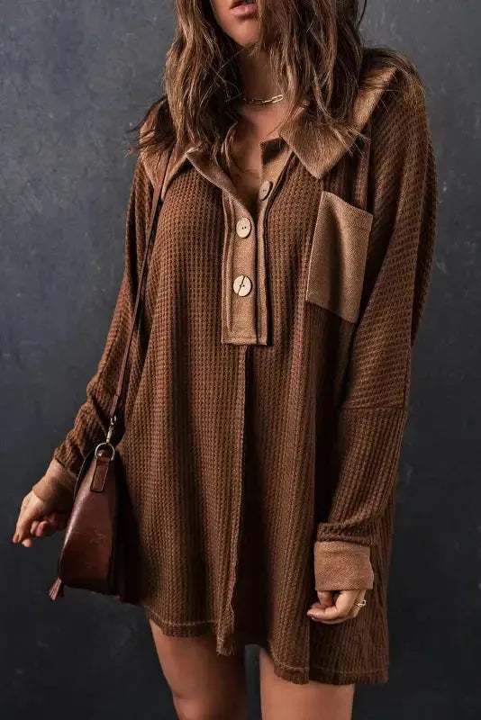 Woman wearing waffle knit buttoned long sleeve top front view Fashionfitz UK