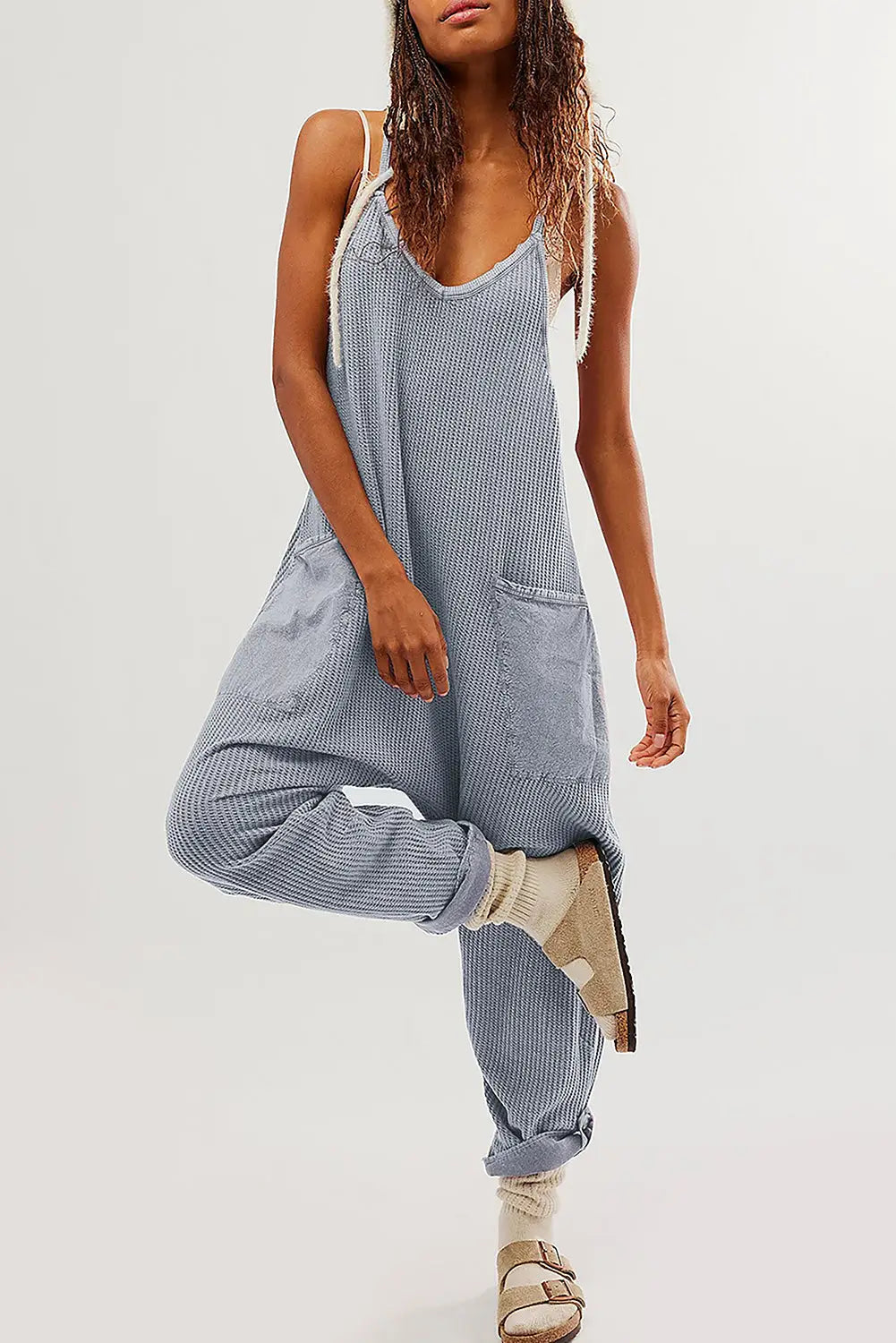 Waffle knit loose fit jumpsuit - gray / s / 95% polyester + 5% elastane - jumpsuits