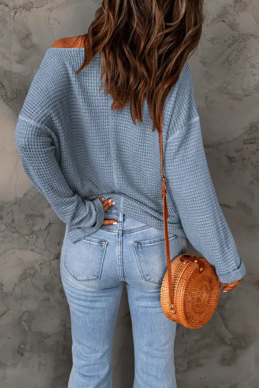 Waffle knit loose long sleeve top - tops