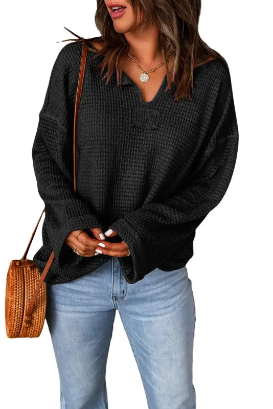 Waffle knit loose long sleeve top - tops