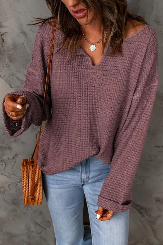 Waffle knit loose long sleeve top - tops