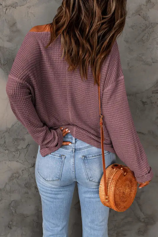 Waffle knit loose long sleeve top - tops