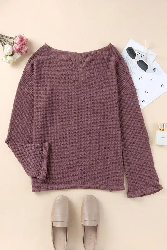 Waffle knit loose long sleeve top - tops