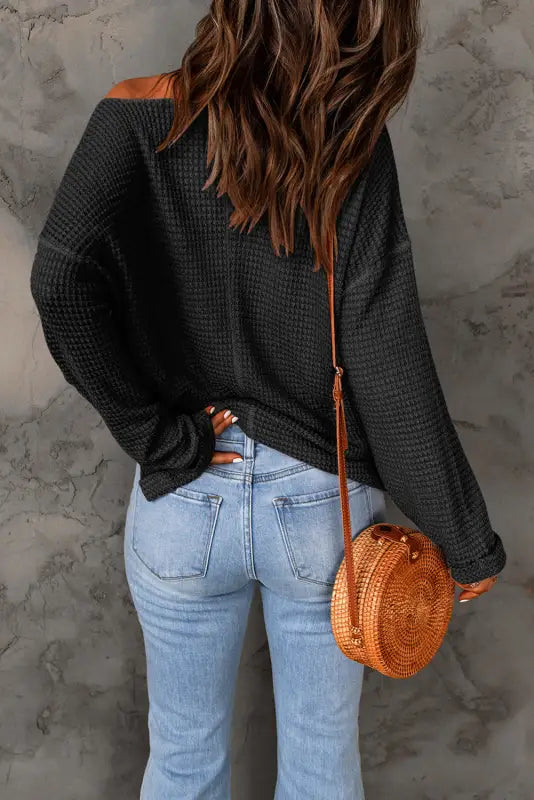 Waffle knit loose long sleeve top - tops