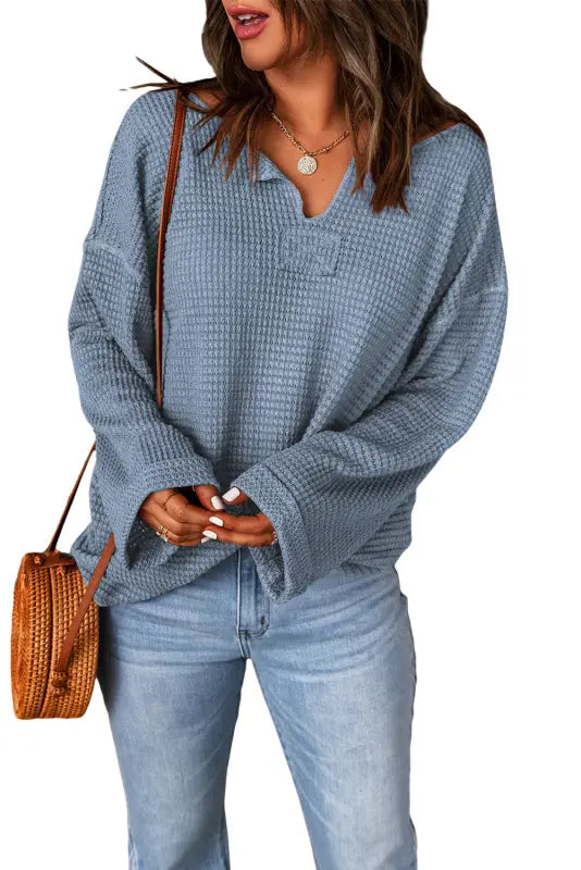 Waffle knit loose long sleeve top - tops