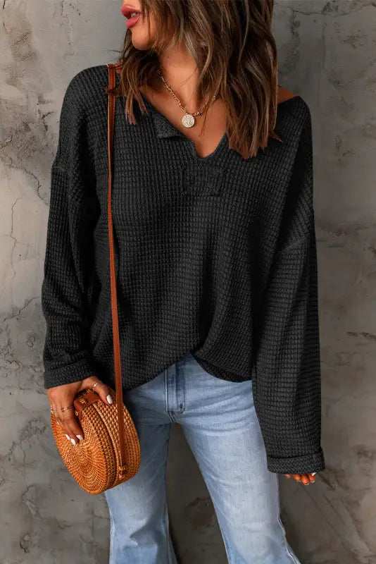 Waffle knit loose long sleeve top - tops