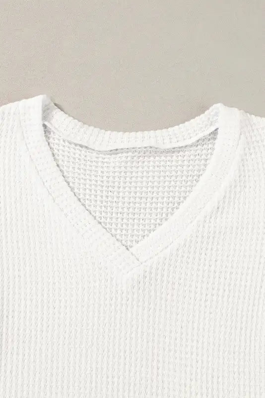 Waffle knit t-shirt - white v neck petal sleeve - t-shirts