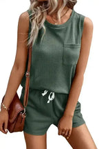 Waffle Knit Tank Top and Shorts Set - Fashionfitz