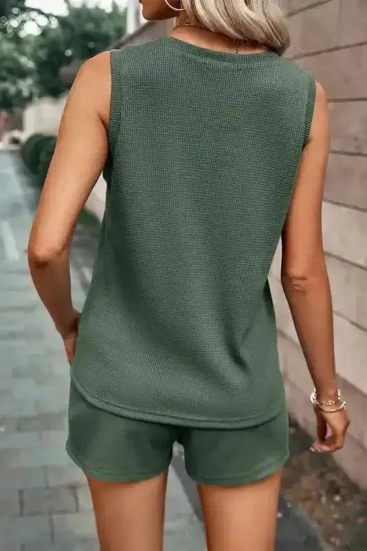 Waffle Knit Tank Top and Shorts Set - Fashionfitz