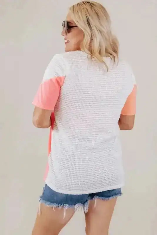 Waffle Knit Tee -White Plus Size Color-block - Fashionfitz