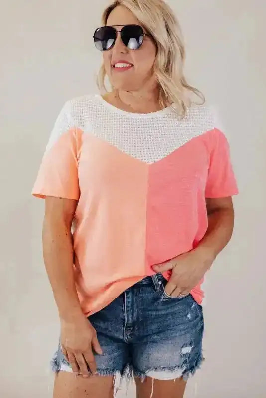 Waffle Knit Tee -White Plus Size Color-block - Fashionfitz