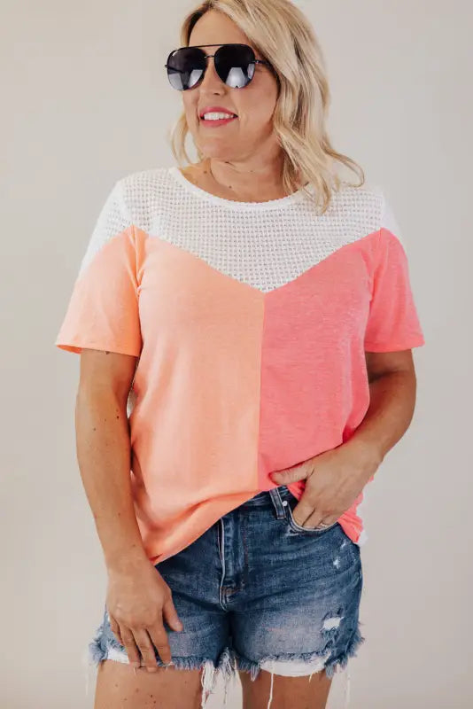 Waffle knit tee -white plus size color-block - size/plus tops/plus tops & tees