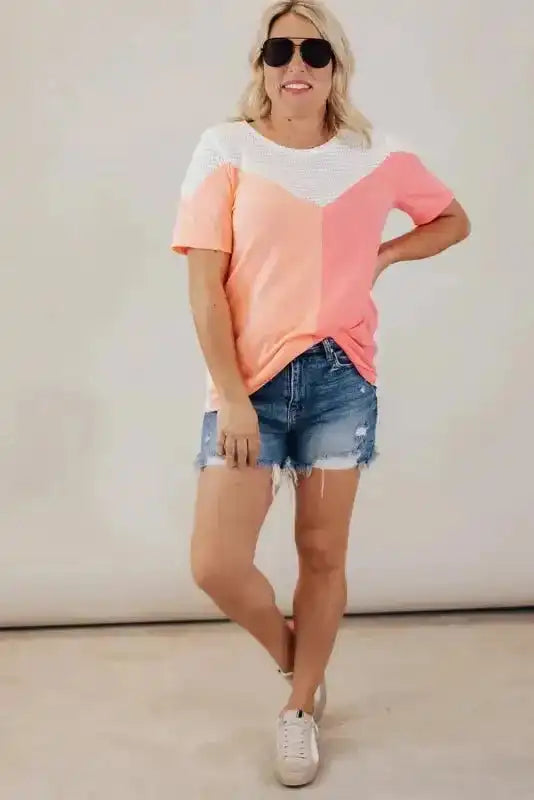 Waffle Knit Tee -White Plus Size Color-block - Fashionfitz