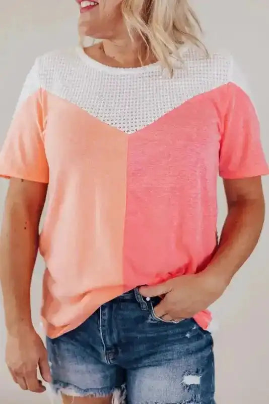 Waffle Knit Tee -White Plus Size Color-block - Fashionfitz