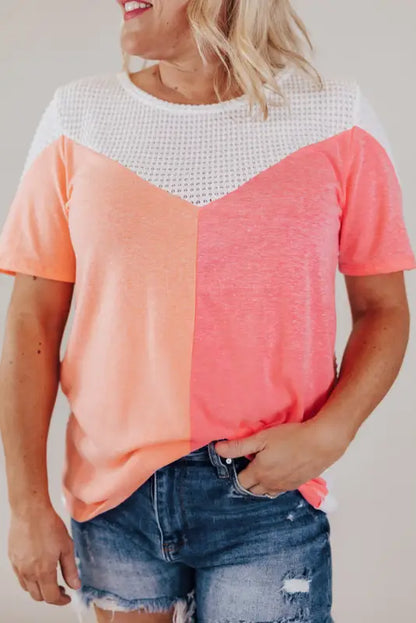 Waffle knit tee -white plus size color-block - white / 1x / 65% polyester + 30% viscose + 5% elastane - size/plus