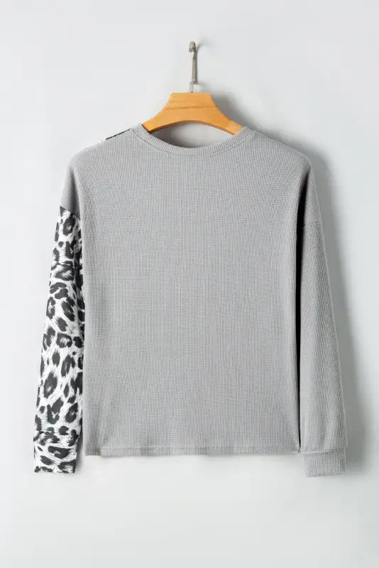 Waffle knit top - leopard color-block - long sleeve tops