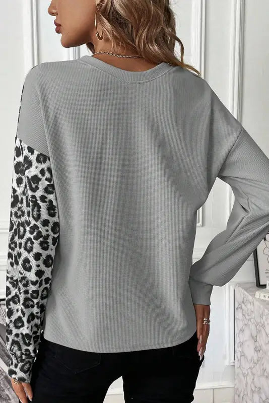 Waffle knit top - leopard color-block - long sleeve tops