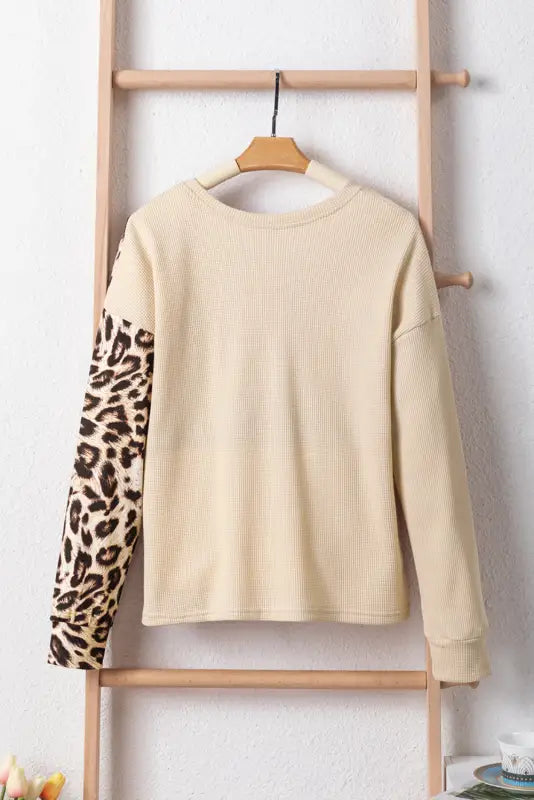 Waffle knit top - leopard color-block - long sleeve tops