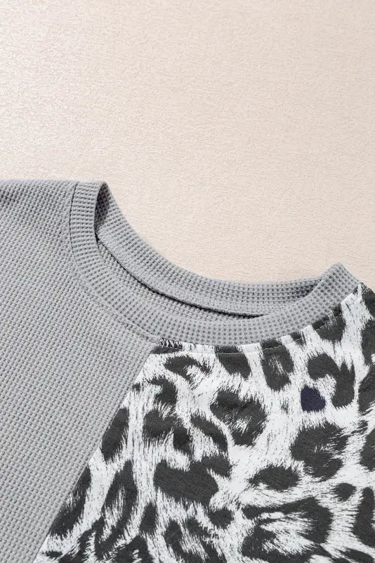 Waffle knit top - leopard color-block - long sleeve tops