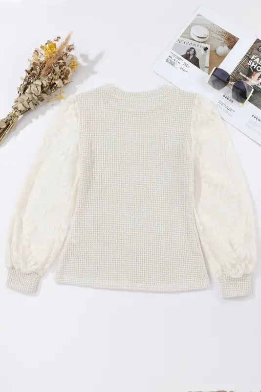 Waffle knit top - sunflower mesh sleeve - long tops