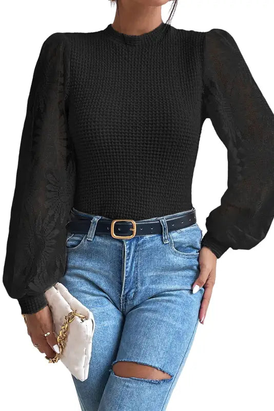 Waffle knit top - sunflower mesh sleeve - long tops