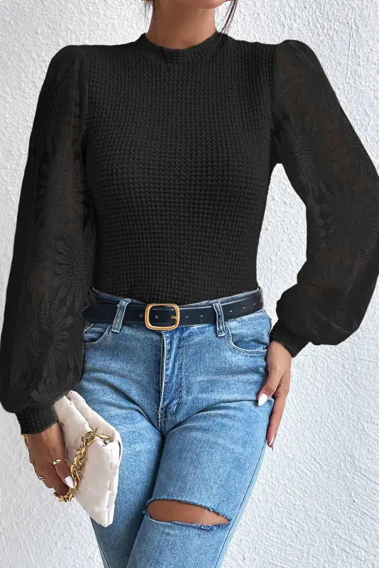 Waffle knit top - sunflower mesh sleeve - black / s / 95% polyester + 5% elastane - long tops