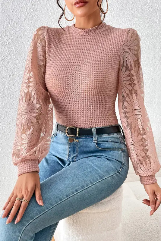 Waffle knit top - sunflower mesh sleeve - long tops