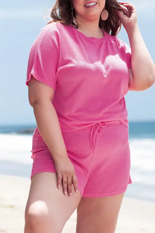 Pink waffle knit plus size two piece set - size/plus loungewear