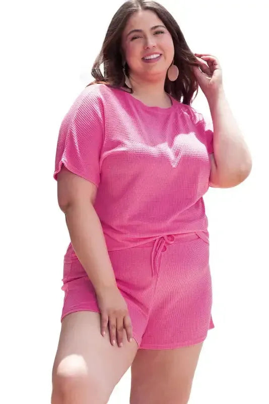 Waffle Knit Two Piece Set - Pink Plus Size - Fashionfitz
