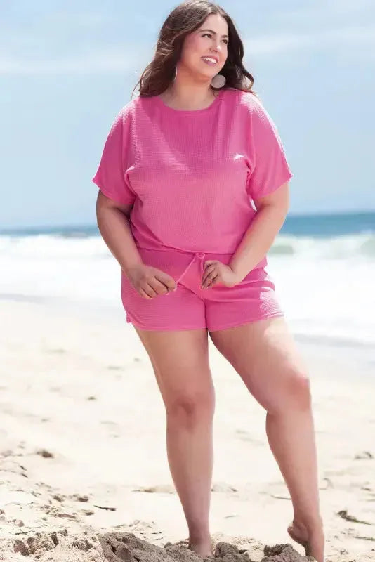 Waffle Knit Two Piece Set - Pink Plus Size - Fashionfitz