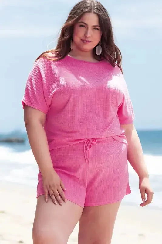 Waffle Knit Two Piece Set - Pink Plus Size - Fashionfitz