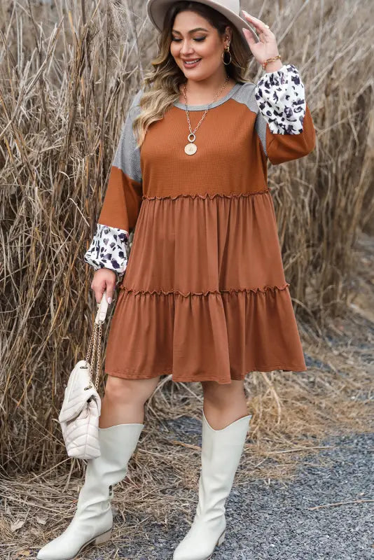 Waffle ruffle plus mini dress: rust-colored, tiered with gray and leopard print sleeves