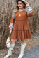 Waffle ruffle plus mini dress: rust-colored, tiered with gray and leopard print sleeves