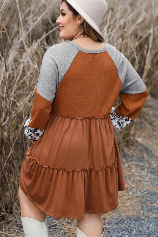 Waffle ruffle plus mini dress: rust tiered dress with gray raglan sleeves and animal print cuffs