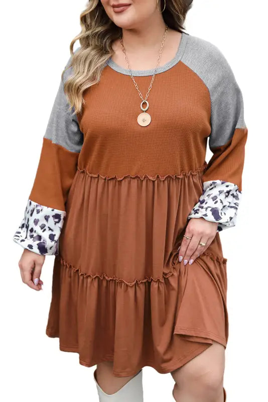 Waffle ruffle plus mini dress: rust-colored tiered, gray sleeves, leopard print cuffs