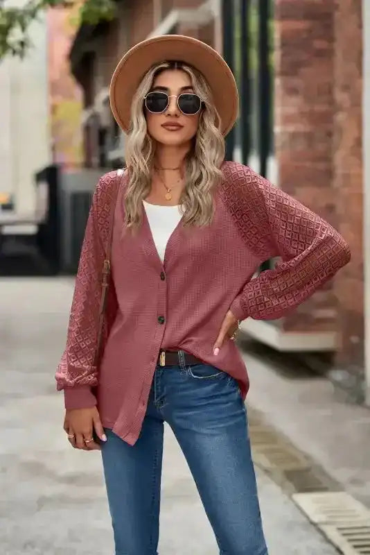 Waffled Knit Lace Long Sleeve Buttoned Cardigan - Fashionfitz