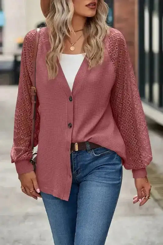 Waffled Knit Lace Long Sleeve Buttoned Cardigan - Fashionfitz