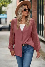 Waffled Knit Lace Long Sleeve Buttoned Cardigan - Fashionfitz