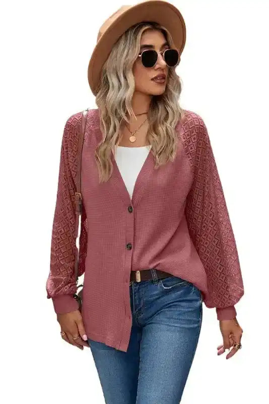 Waffled Knit Lace Long Sleeve Buttoned Cardigan - Fashionfitz