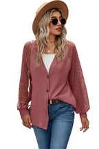 Waffled Knit Lace Long Sleeve Buttoned Cardigan - Fashionfitz