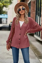 Waffled Knit Lace Long Sleeve Buttoned Cardigan - Fashionfitz