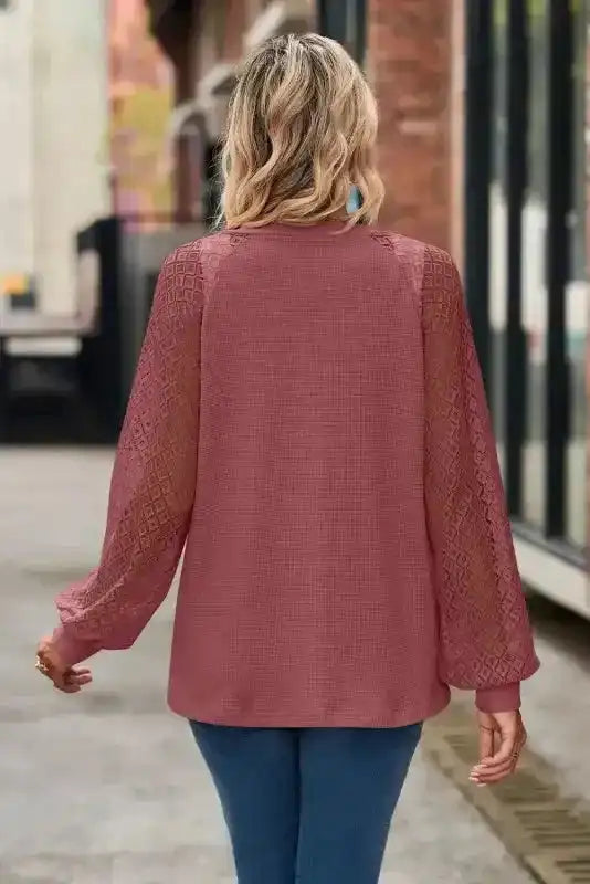 Waffled Knit Lace Long Sleeve Buttoned Cardigan - Fashionfitz