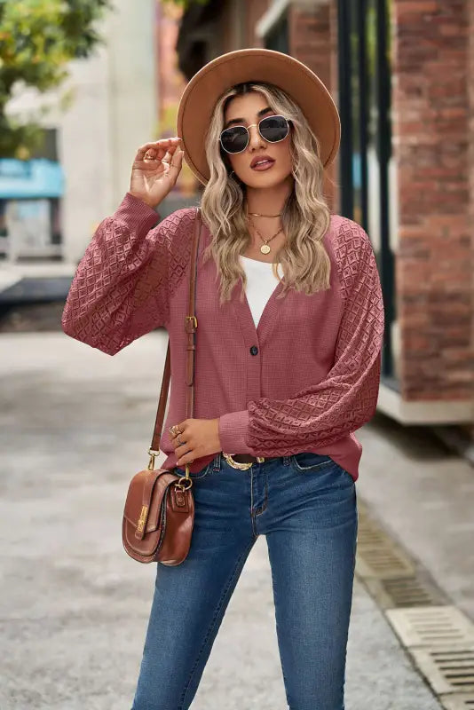 Waffled knit lace long sleeve buttoned cardigan - sweaters & cardigans