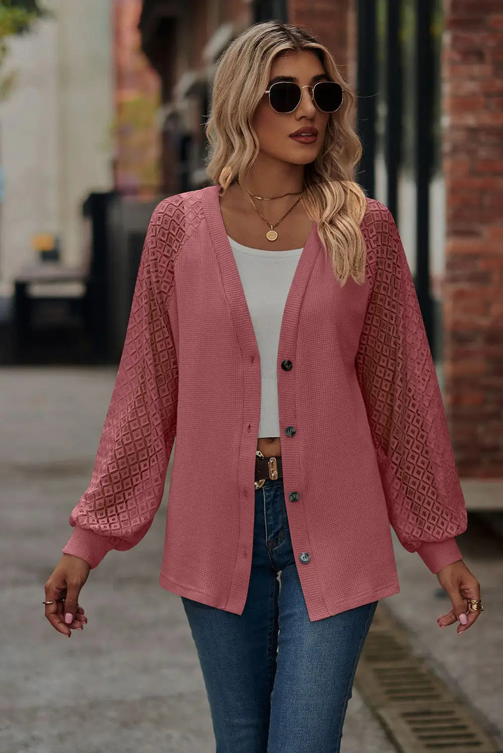 Waffled knit lace long sleeve buttoned cardigan - sweaters & cardigans