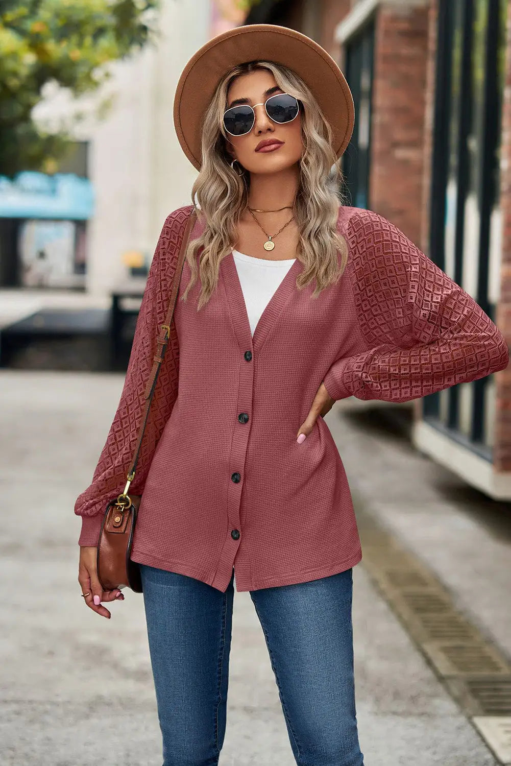 Waffled knit lace long sleeve buttoned cardigan - sweaters & cardigans