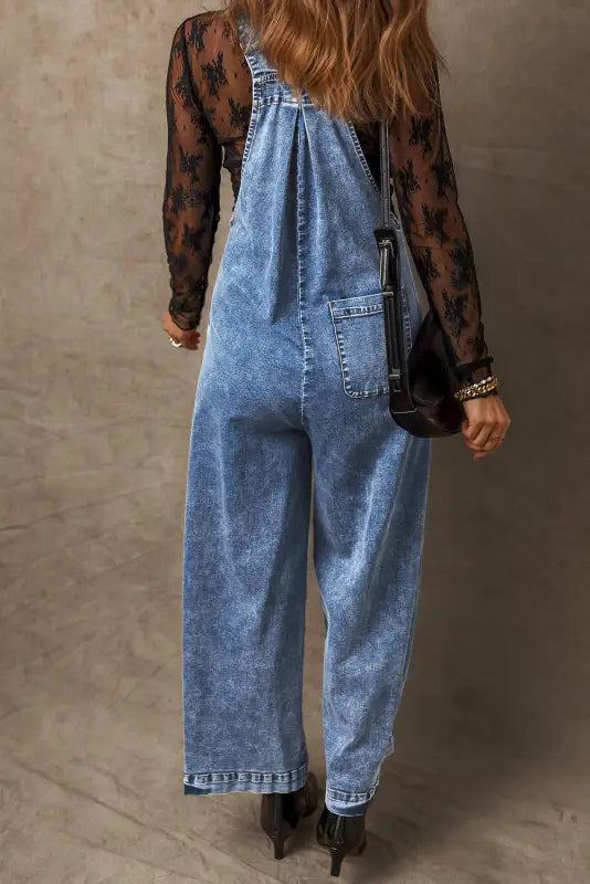 Washed denim wide leg overalls